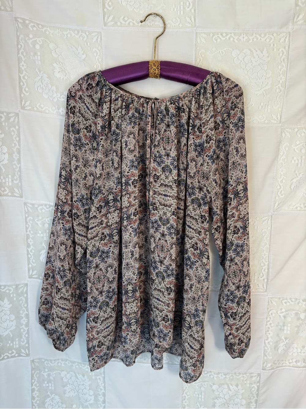 Blush Floral Boho Long Sleeve Lightweight Romantic Peasant Prairie Blouse Size L